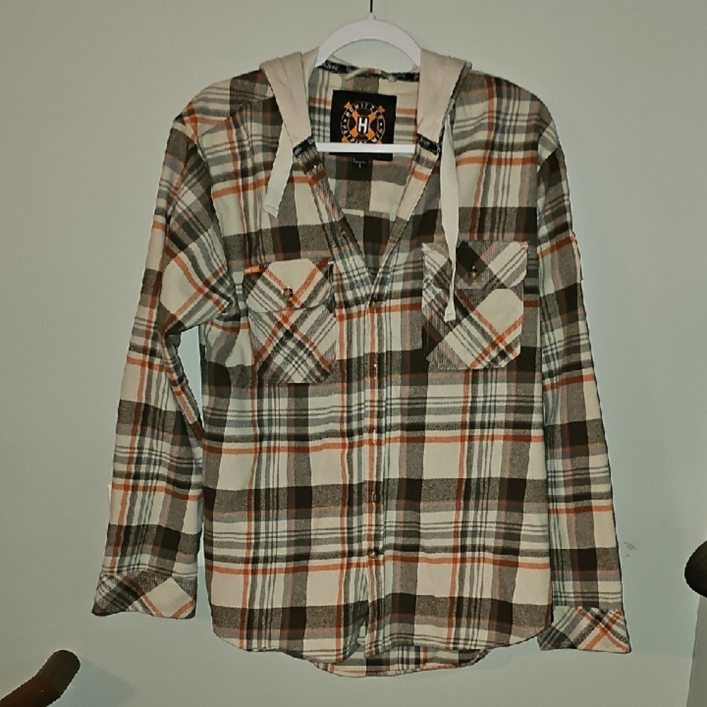 Howitzer Mens Hooded Flannel Shirt. Orange,cream And Brown. Sz Mens Large
